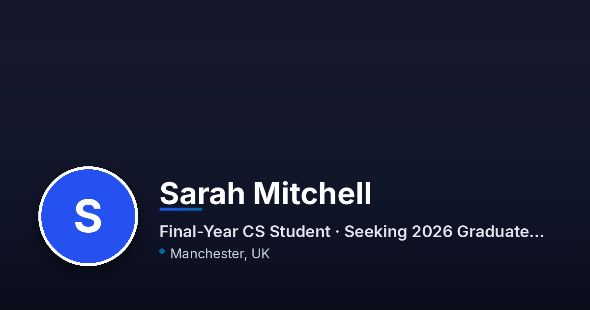 A dark preview card with a blue initial avatar, the name Sarah Mitchell and her headline