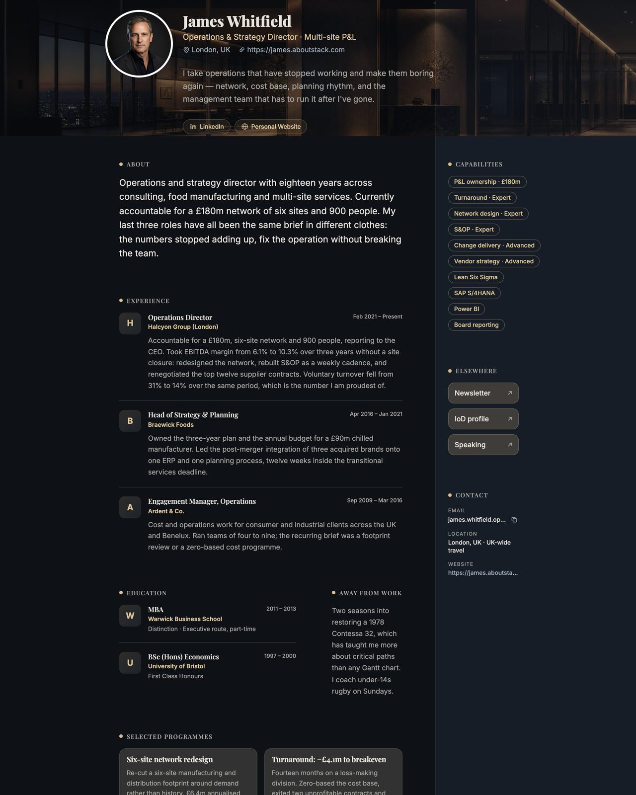 James Whitfield’s resume, live at james.aboutstack.com