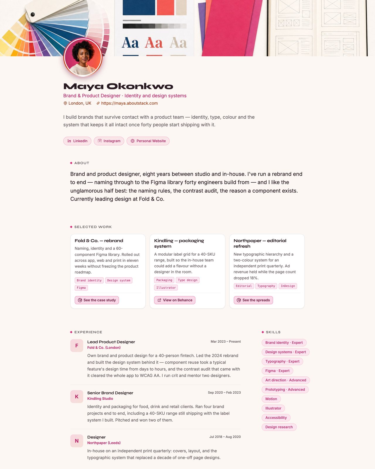 Maya Okonkwo’s resume, live at maya.aboutstack.com