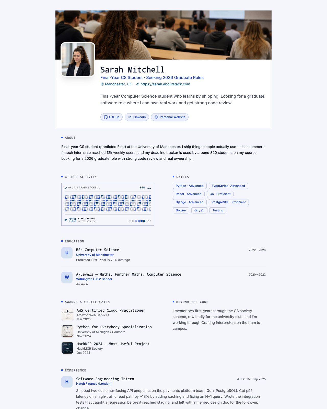 Sarah Mitchell’s resume, live at sarah.aboutstack.com